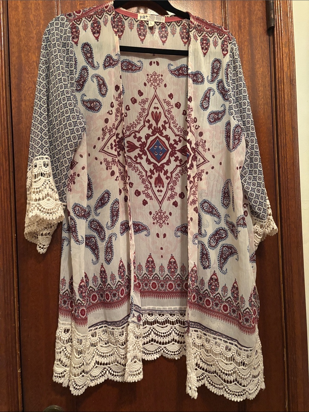 Boho Crochet Trim Open Front Kimono - White with Burgundy & Blue